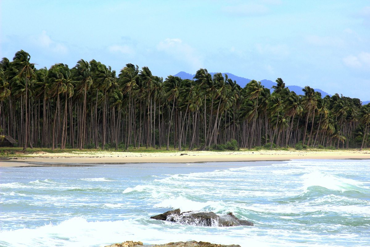 The empty white sand of Long Beach in San Vicente, Palawan, Philippines