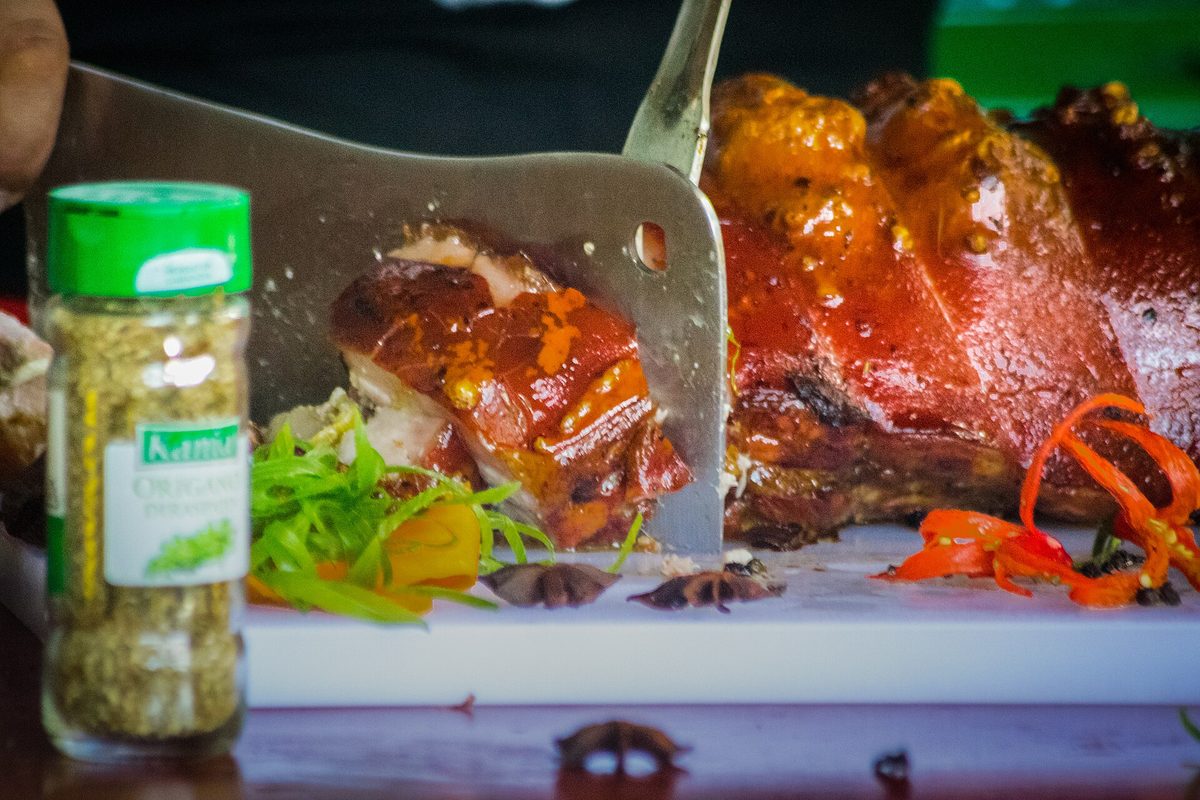 Whole crispy-skinned lechon, spit-roasted pig that is the centrepiece of Filipino celebrations