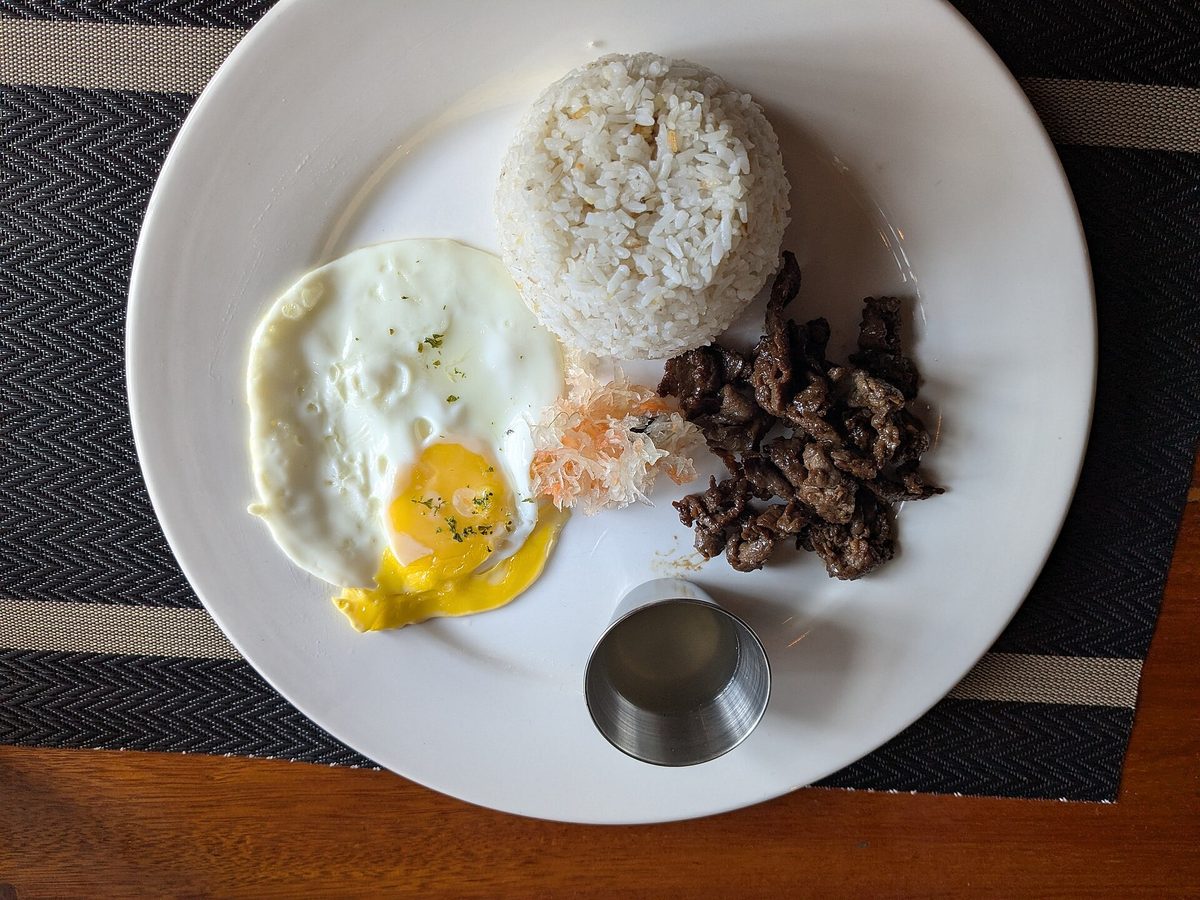 Tapsilog, a Filipino breakfast of beef tapa, garlic fried rice and a fried egg