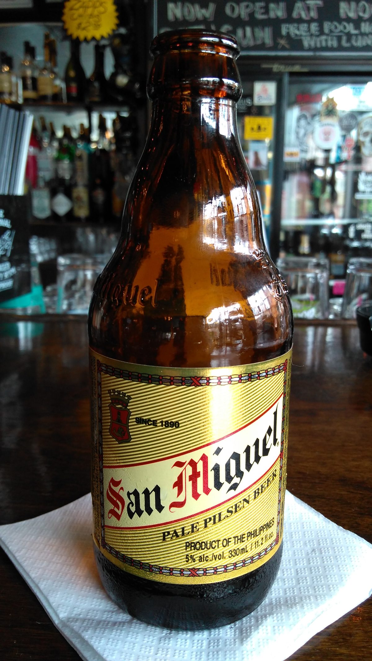 A bottle of San Miguel Pale Pilsen, one of the great cheap Philippine bargains