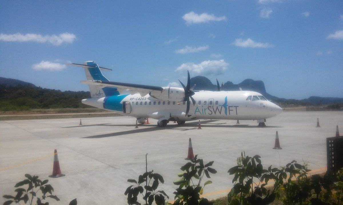 A turboprop plane at the small airport serving El Nido in Palawan, reached by flights from Clark via Lio