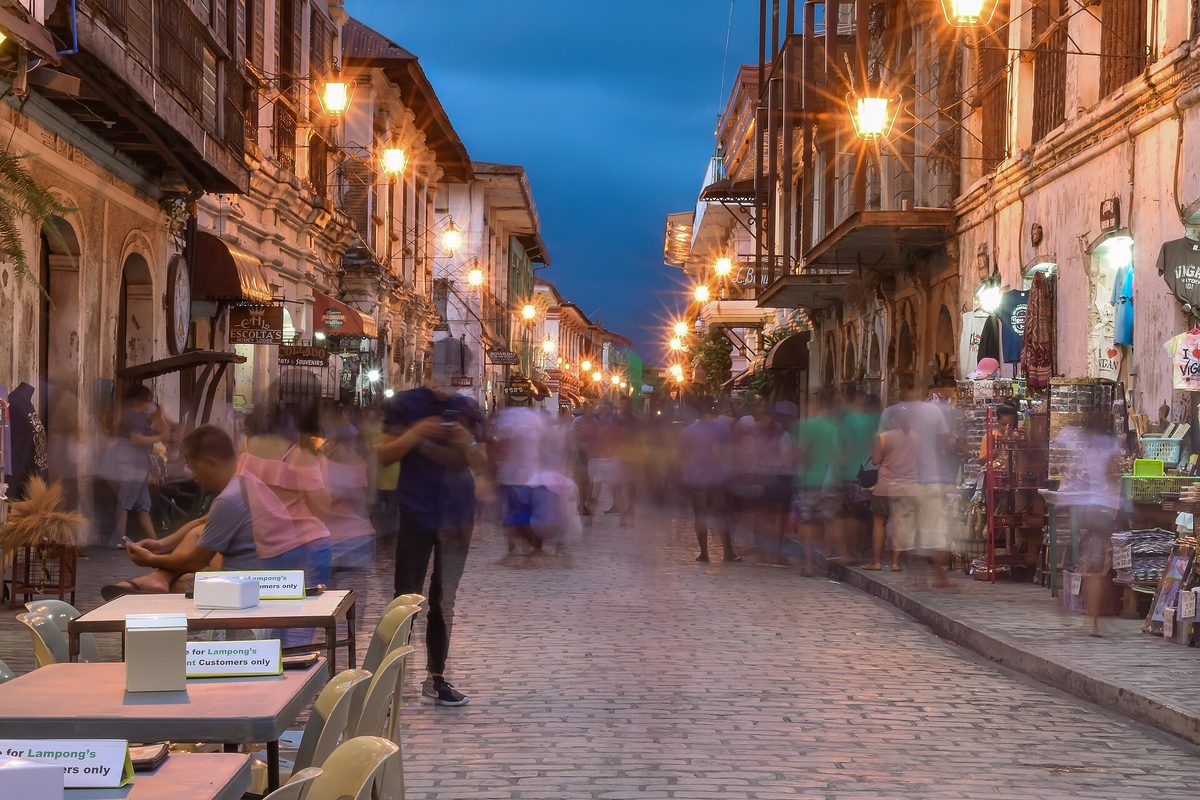 Cobblestone Calle Crisologo lined with Spanish-colonial houses in heritage Vigan