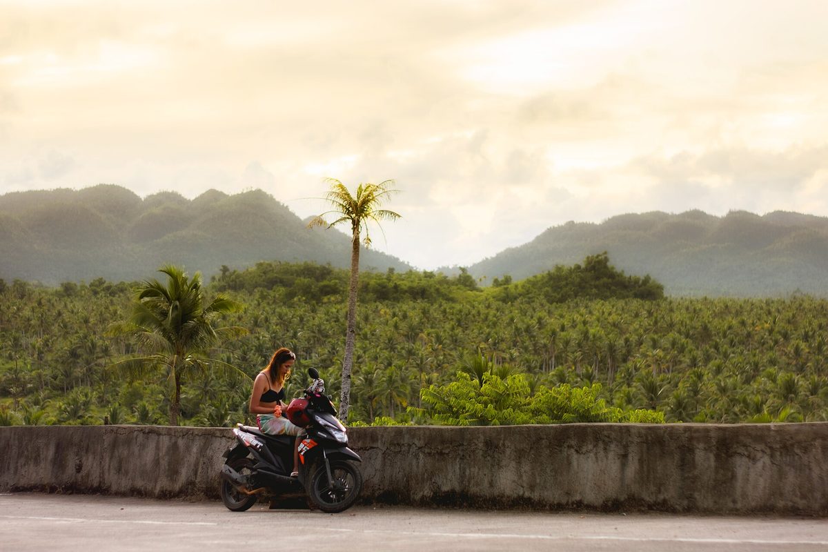 A traveler on a scooter beside the coconut palm forest at Siargao's view deck, where the best time to visit Siargao depends on chasing surf or sun