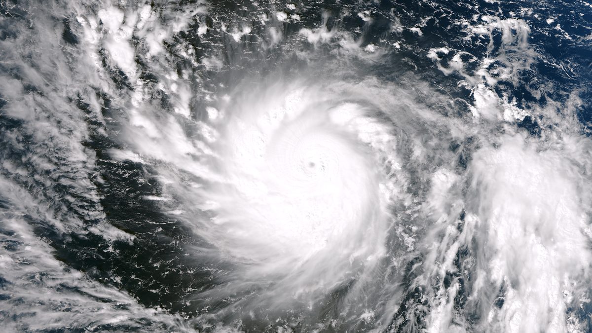 Satellite view of a powerful typhoon approaching the Philippines during peak typhoon season